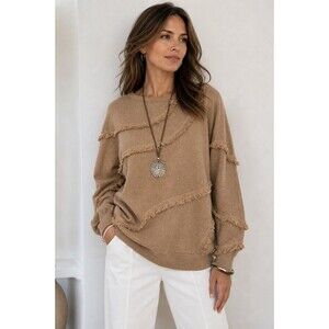 Chico’s Fringe Trim Asymmetrical Tunic Sweater Tan Boho Artsy Crewneck Size 1 M